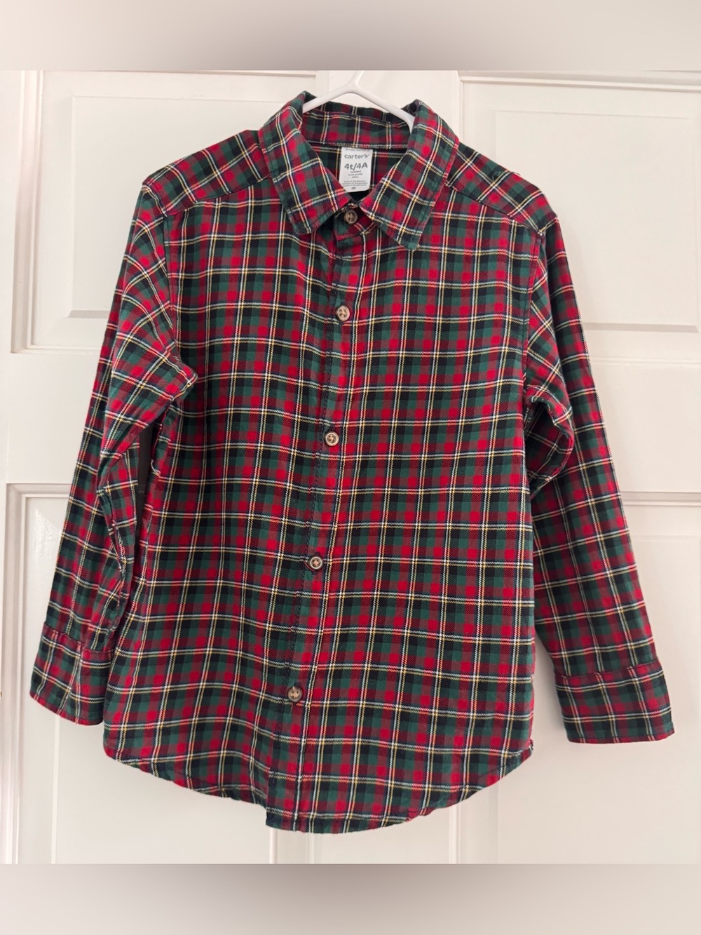 Carter’s Boys 4T Christmas Plaid Button Down Shirt Red Green 100% Cotton